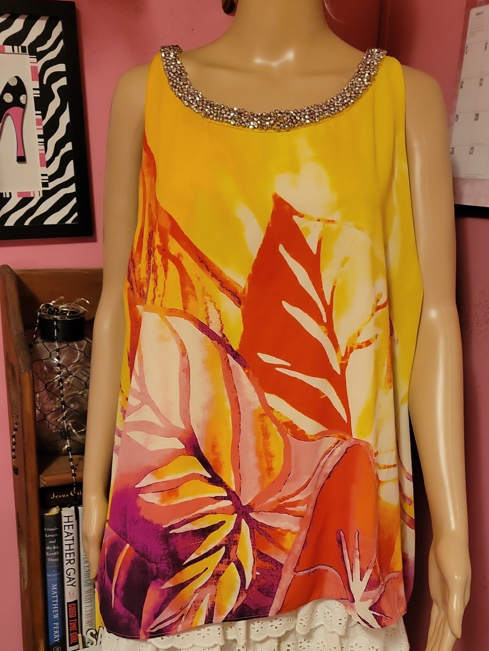 Jennifer Lopez Yellow Orange Pink Beaded-Neck Tropical Print Tunic